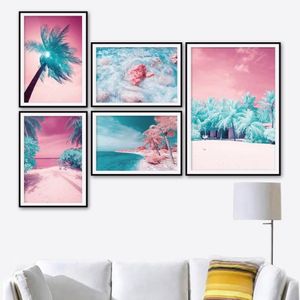 Målningar Blue Palm Tree Tropical Pink Beach Landscape Wall Art Canvas Målning Nordiska tryck Affisch Bild för vardagsrumsdekor245p