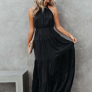 Casual Dresses Wepbel 2024 Summer Party Dress Solid Color Halter Lace-up Pleated for Women Rygglös hög midja Ruffle Long Maxi