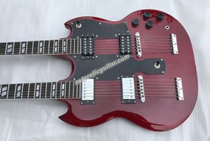 Stokta Jimmy Page 12 6 Strings 1275 Çift Boyun LED Zeppeli Sayfa İmzalı Şarap Kırmızı Elektro Gitar Split Paralleogram Kakma Tuilp Tuner Krom Donanım