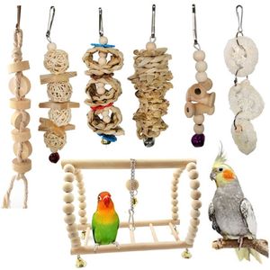 7PCS Lot Combination Parrot Toy Bird Articles Parrot Chew Toy Bird Toys Funny Swing Ball Bell Standing Training Toys227j
