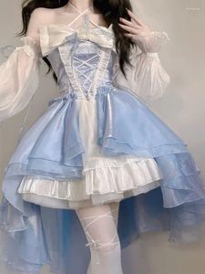Sukienki swobodne sukienka urodzinowa księżniczka Lolita Bow Flower Halce Mesh Fantastyczna bajka Elegancka długa, przedstawna szata formalna okazja