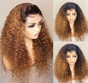 Peruansk kinky lockig ombre blondin full snörning mänskliga hårstrån med baby hår 360 spets frontala peruker för kvinnor naturliga hårfäste 13x4 9316185