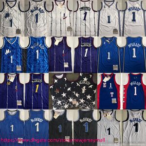 Klassische Retro-Authentische Stickerei Basketball 1 TracyMcGrady Trikots Vintage Lila Weiß Streifen 1998-99 Echt genäht Schwarz Atmungsaktives Sport Hochwertiges Trikot