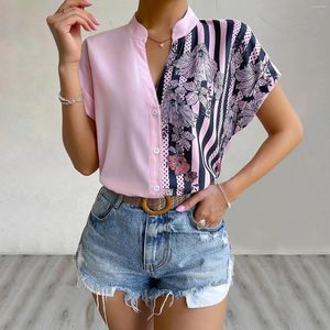 Blusas femininas senhoras bloco duplo cor contrastante floral botão cardigan camisa de manga curta camisas modernas para mulher