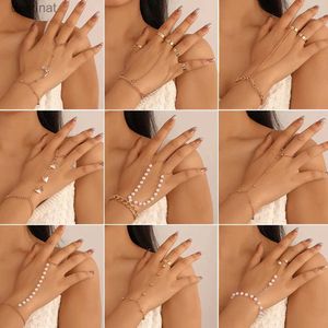 Beaded Summer New Style Pearl Butterfly Link Chain Bracelet Connected Finger Ring Bracelets For Women Couple Jewelry GiftsL24213