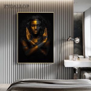 Złota Czarna kobieta malowanie Afrykański sztuka Kobieta Plakaty Nowoczesne obrazy do salonu zdjęcia ścienne Dekoracja domu cuadro221d