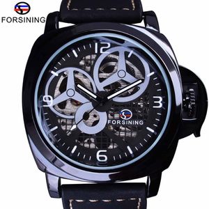 Forsining relógio preto completo esqueleto caso moinho de vento designer camurça cinta militar relógio masculino marca superior luxo automático pulso w2689