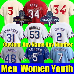 S-4XLジェイコブデグロムテキサス2023ワールドシリーズチャンピオンズ野球ジャージCorey Seager Marcus Semien Adolis Garcia Nolan Ryan Max Scherzer Rangers Men Youth