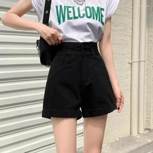 Kvinnors shorts koreansk stil klassisk denim kvinnor sommarblå hög midja breda ben byxor streetwear stright jeans kvinnor
