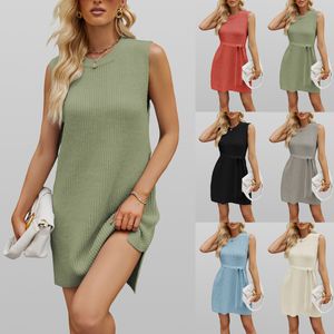 여성용 의류 2024 새로운 여름 패션 단색 라운드 목 소매 레벨 조끼 캐주얼 대형 여성용 드레스