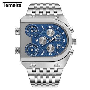 Temeite Top Brand Men 's Big Dial 3 Time Zone Business Square Quartz 시계 남성 군용 방수 손목 시계 relogio mascul266L