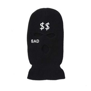 Three Hole Knitted With Embroidered Pattern Pullover Hat, Ski Mask, Cycling Sports Warm Woolen Hat 745279