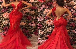 2019 New Design Illusion Bodice Jewel Neck Red Evening Dresses OneShoulder Mermaid Tulle Sexy Beaded Prom Gowns Party Wear5435992