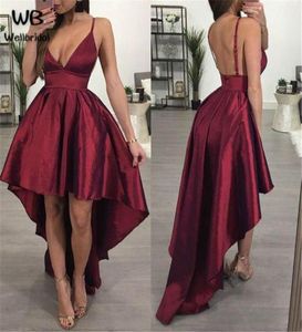 Sexy Dark Red A Line Graduation Dresses With Back zipper Satin Sexy Spaghetti Hi Lo Prom Gown 2020 Cheap4419741