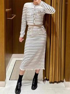 Work Dresses Womens Classic Striped Set Spring 2024 Ladies Single Breasted O-Neck Long Sleeve Jacket Female V-Neck Dress Or Skirt