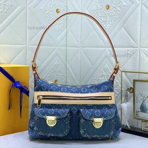 Denim vintage designer axel kvinnor tygväskor handväska rese transport gammal blomma underarmsäck tryck handväska ryggsäck guld hårdvara påse favorit blå väska
