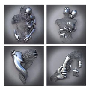 Pinturas 4 pcs amor coração 3d efeito arte de parede abstrata figura de metal estátua arte pintura de lona 19/7 polegadas moderna casa decor250w