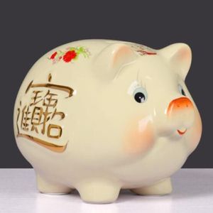 Seramik Süsler Bej Pig Piggy Bank Piggy Bank Yaratıcı Hediye Hediyesi Sevimli Büyük Şanslı Fortune194a