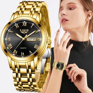 Lige Gold Watch Watch Watches Ladies Kreatywny stalowa bransoletka kobiet żeńska wodoodporna zegar Relogio feminino 240305