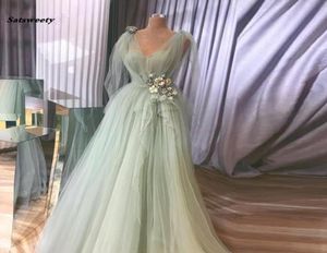Pretty Mint Green 3D Flower Evening Dresses Vneck Ruffles Aline Prom Gowns Vneck Lace Up Plus Size Party Dress Abendkleider8414333