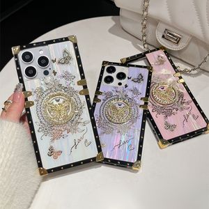 Luxury Bling Laser Butterfly Diamond Ring Stand Holder Square Box Cases Trunk Metal Decoration Corner For iPhone 15 14 13 12 11 Pro Max