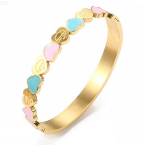 Hot selling in 2024Gold Color Blue And Pink Enamel Forever Love Heart Charm Bangle Bracelet For Women Girlfriend Promise Wedding Jewellry Gifts Bangle