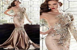 2019 Luxury Zuhair Murad Crystal Dresses Evening Wear Dubai One Shoulder Rhinestone Formal Gowns Muslim Long Sleeve Gold Prom Dres6516724