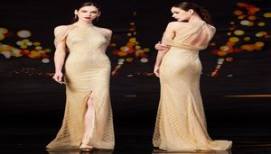 Custom Made Sexy High Neck Front Slit Champagne Evening Dresses Robe Longue Luxury Crystal Sexy Mermaid Prom Dresses7584499