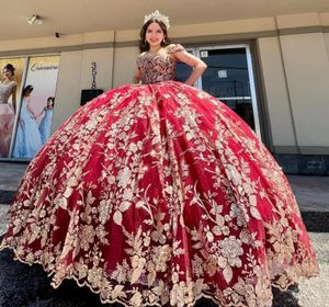 Bourgogne Gold Quinceanera Dress 2023 Straps Neck Sparkle Floral Sequins Beading Tulle Puffy Sweet 16 Gowns Vestidos de 15 Anos Lac4336011