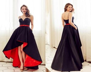 Modest preto cetim uma linha alta baixa vestidos de baile com bolsos cintas de espaguete vestidos de noite sexy voltar dama de honra dress3979503