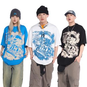 24ss Cartoon Motorcycle Print Washed Vintage Tee Maglietta da uomo Primavera Estate Donna Street skateboard Maglietta casual in cotone 0312