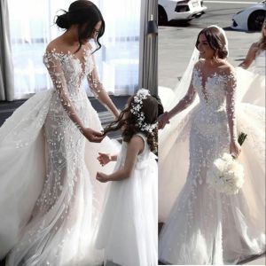 Sexig lyxiga sjöjungfru bröllopsklänningar juvelhals långa ärmar illusion spetsar applikationer tyll löstagbart tåg överskjorter formella brudklänningar plus storlek