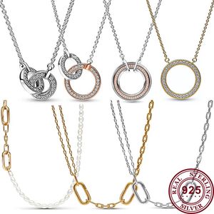 Collana da donna in argento 925 con perla dorata a doppia catena, collana con pendente a cerchio creativo, regalo di alta qualità per le vacanze delle donne 240305