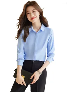 Blusas femininas estilos de moda elegante azul branco camisas para mulheres negócios trabalho wear manga longa ol escritório senhoras blusa topos roupas