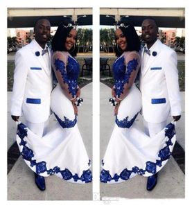 White Satin Royal Blue Lace Aso Ebi African Prom Dresses Long Illusion Sleeves Applique Evening Gldes Glänningar Pageant Celebrity Dre4682968