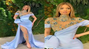 2022 Luxury Crystal Evening Dresses Pantsuits Illusion High Neck Prom Dress Extraordinära Baby Blue Pageant -klänningar B0606G77272318