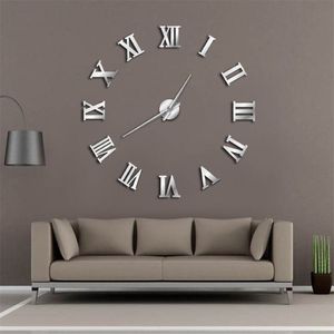 Nowoczesny DIY duży zegar ścienny 3D lustro naklejka powierzchniowa Dekor Home Decor Art Giant Zegar zegar ścienny z rzymskimi cyframi Big Clock Y200110304X