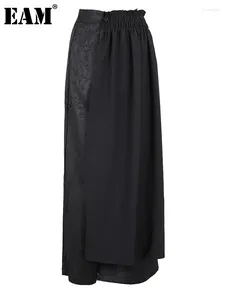 Pantaloni da donna EAM Nero A pieghe irregolari Vita elastica alta Pantaloni larghi Moda donna Marea Primavera Autunno 2024 1DH3331