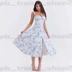 Casual Dresses Corset Dress Split kjol Bow Tie Chest Frill Detaljer Skriv ut blommiga midi -klänningar Back Lace Up Robe Clothing Women's Summer Long Dress 292