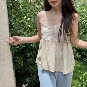 Women's Tanks Women Lace Top V-Neck Camisole Spaghetti Straps Summer Loose And Thin All-Match Outerwear Tops Three Button Detail