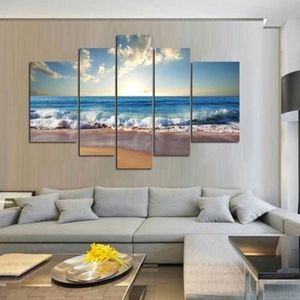 5 pz / set Senza cornice Onde della spiaggia Alba Paesaggio marino Pittura Wall Art Pittura a olio su tela Immagine strutturata Soggiorno Home Decor251v