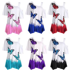 Fashion Casual Short -Sleeved Women's Clothing 2024 Summer Small Sales Wish Foreign Trade Printing Butterfly Shoulder Long T -skjortan Kvinnor