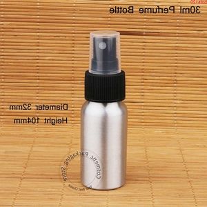 Kampanj 10st/parti aluminium 30 ml parfymflaska kvinnor 1oz kosmetisk mini potten spray container atomizer plastlock boxning qty waodw