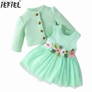 Vestidos da menina infantil bebê meninas primavera flor malha malha sundress com manga longa waffle cardigan casaco elegante casamento vestido de festa de aniversário l240311