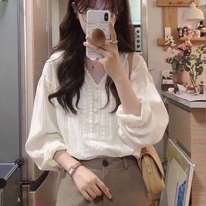 Women's Blouses Shirts Spring New V-neck Lace Long Sle Korean Shirt Tops Solid Loose Button Patchwork Blouses Elegant Fashion Youth Women ClothingL24312