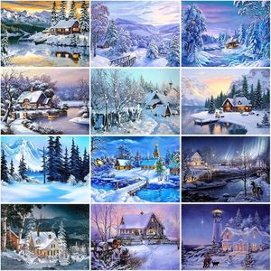 Gemälde DIY 5D Diamant Malerei Haus Stickerei Winter Schnee Landschaft Voller Platz Runde Mosaik Harz Landschaft Kreuzstich Kits297o