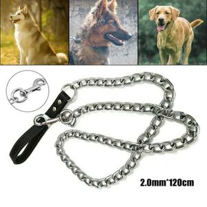 Dog Collars & Leashes Heavy Duty Metal Chain Lead With Leather Handle Long Strong Control Leash Outdoor Pet Traction Rope Anti Bit258N