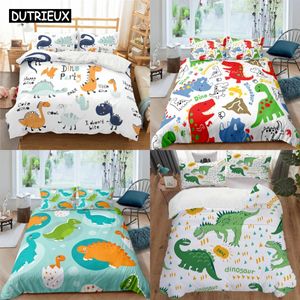 Söt tecknad dinosaurieutskrift polyester sängkläder set barn barn täcker pojkar säng linne set för tonåringar kung storlek 240226
