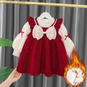 Girl's Dresses Toddler Baby Girls Dress Autumn Winter Kids Red Christmas New Year Plush Warm Dress Infant Clothing Set Top+skirt For 1-4 Years L240313