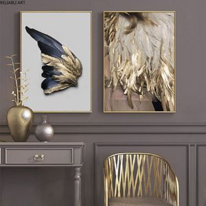 Nordic Golden and Black Wing Wall Art Canvas målningar Abstrakt lämnar väggkonsttryck och affischer för vardagsrumshemdekor222s